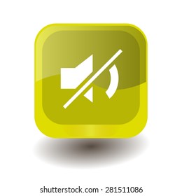 Yellow square button with white mute sign, vector design for website 