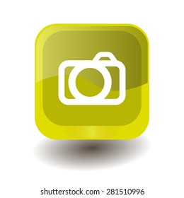 Yellow square button with white photo/camera sign, vector design for website 