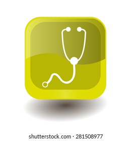 Yellow square button with white stethoscope sign, vector design for website 