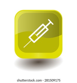 Yellow square button with white syringe sign, vector design for website 