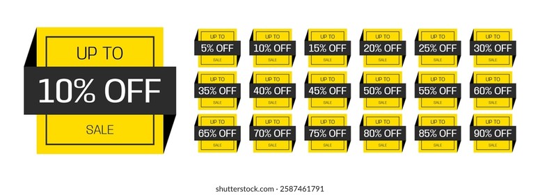 Yellow square discount tags with black stripe. Up to 5, 10, 15, 20, 25, 30, 35, 40, 45, 50, 55, 60, 65, 70, 75, 80, 85, 90 percent off.