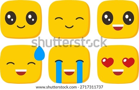 yellow square emoji icon set, flat vector funny face expressions and kawaii emoticons