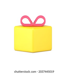 Regalo cuadrado amarillo con icono 3d de arco rosado. Sorpresa de vacaciones en caja de oro. Felicitaciones al año nuevo y cumpleaños. Compras festivas con descuentos con bonificaciones. Vector aislado realista