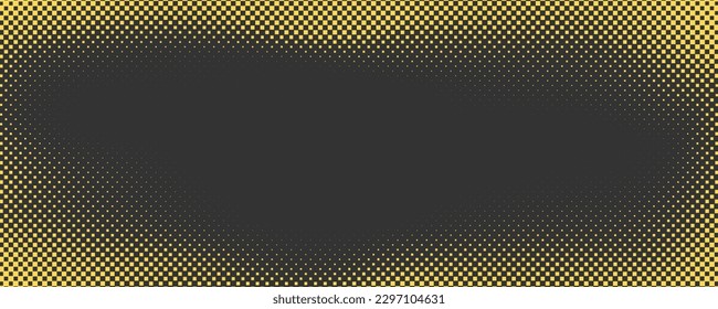 Yellow square halftone on dark background. Retro comic gradient background. Square pixilated dot cartoon texture. Pop art faded gradient pattern. Vector illustration.