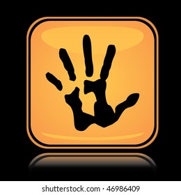 Yellow square icon hand print with reflection over black