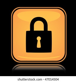 Yellow square icon locked padlock with reflection over black