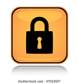 Yellow square icon locked padlock with reflection over white