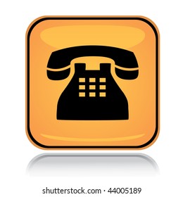 Yellow square icon old phone with reflection over white