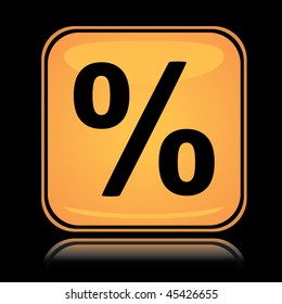 Yellow square icon percent mark with reflection over black