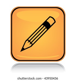 Yellow Square Icon Writing Pencil With Reflection Over White