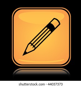 Yellow square icon writing pencil with reflection over black