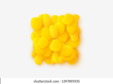 Yellow square isolated background. Design elements of liquid rounded plastic shapes, smooth sea stones, Flat Liquid splash bubble. 3d fluid objects. Modern abstract pattern organic substances