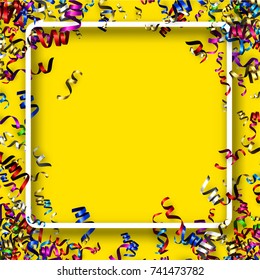 Yellow square New Year background with colorful paper serpentine. Vector illustration.