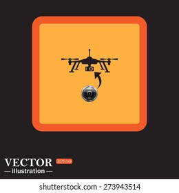 Yellow square on a black background. Quadrocopter. icon. vector design