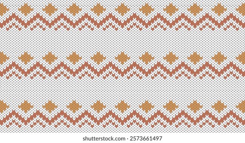 Yellow square and orange zigzag knitted design, Festive Sweater Design. Seamless Knitted Pattern