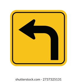 A yellow square sign with a black border features a bold black arrow indicating a left turn, isolated on a white background.