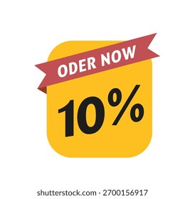 Yellow square tag with rounded corners featuring a red banner and order now text, along with a 10 discount, isolated on white background