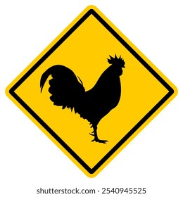 Yellow Square Warning Sticker Template Featuring Rooster Icon, Simple Black and Yellow Design, Informational Signage, Vector Illustration Isolated on White, Editable EPS File