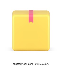 Parcela de transporte de carga de contenedor cuadrado amarillo con cinta rosada realista 3d ilustración vectorial de icono. Caja de carga envío urgente paquete de almacenamiento de envío etiqueta de aplicación de seguimiento