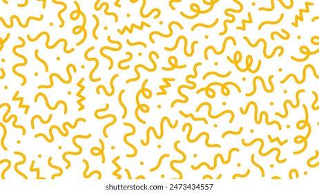 Yellow squiggle noodles line pattern. Abstract vector background, wallpaper or textile print with chaotic scribble, scrawl, doodle and curl, twist, zigzag, swirl and loop scattered on white backdrop