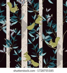 Yellow squirrels, trunks and branches of forest trees on a dark, black color background. Seamless vector pattern with hand-drawn animals and plants. Square repeating design for fabric and wallpaper.
