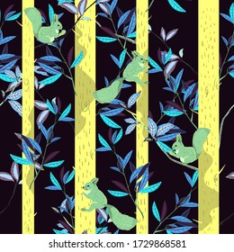 Yellow squirrels, trunks and branches of forest trees on a night, dark neon color background.Seamless vector pattern with hand-drawn animals and plants.Square repeating design for fabric and wallpaper