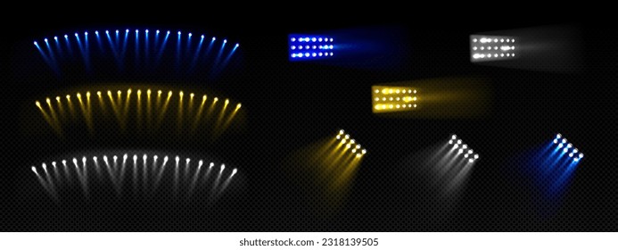 Yellow stadium concert show light isolated set. Blue spotlight reflector effect vector realistic soccer projector lamp glow. 3d football disco sparkle with blur for fun arena entertainment design