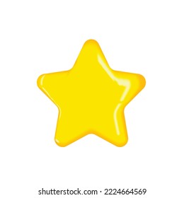 Yellow star. Asterisk sticker. Glossy golden flat star shape. Realistic 3d design element in plastic cartoon style. Icon highlighted on a white background. Vector illustration of a shining star