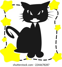 yellow star and black cat in black frame and starburst vector illustration background