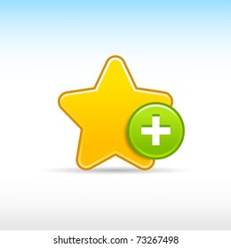 Yellow star favorite web 2.0 icon with green button add and shadow on white