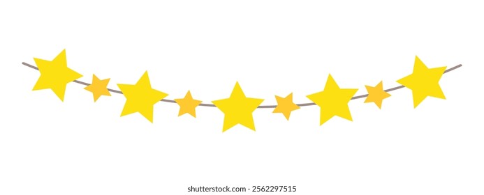 Yellow star festive garland, decorative festive party design, simple holiday decoration, hand-drawn flat style. Isolated. Vector illustration.