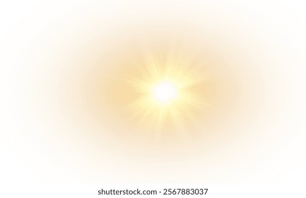 Yellow star flashed with sparkles sun isolated on white background. Soft glow without departing rays, sunlight with lens flare effect. PNG vector light effect.