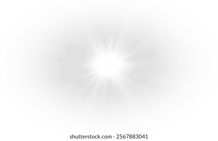 Yellow star flashed with sparkles sun isolated on white background. Soft glow without departing rays, sunlight with lens flare effect. PNG vector light effect.