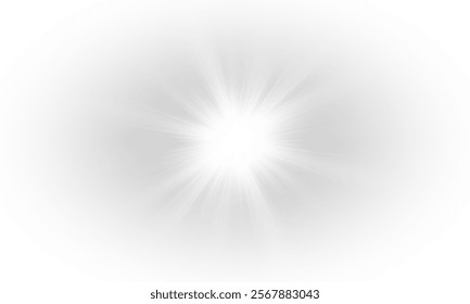 Yellow star flashed with sparkles sun isolated on white background. Soft glow without departing rays, sunlight with lens flare effect. PNG vector light effect.