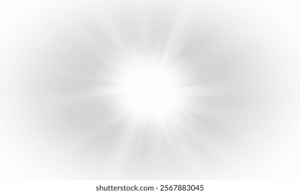 Yellow star flashed with sparkles sun isolated on white background. Soft glow without departing rays, sunlight with lens flare effect. PNG vector light effect.