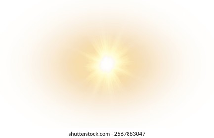 Yellow star flashed with sparkles sun isolated on white background. Soft glow without departing rays, sunlight with lens flare effect. PNG vector light effect.