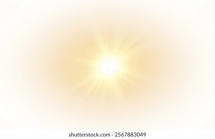 Yellow star flashed with sparkles sun isolated on white background. Soft glow without departing rays, sunlight with lens flare effect. PNG vector light effect.