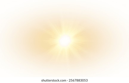 Yellow star flashed with sparkles sun isolated on white background. Soft glow without departing rays, sunlight with lens flare effect. PNG vector light effect.