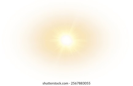 Yellow star flashed with sparkles sun isolated on white background. Soft glow without departing rays, sunlight with lens flare effect. PNG vector light effect.