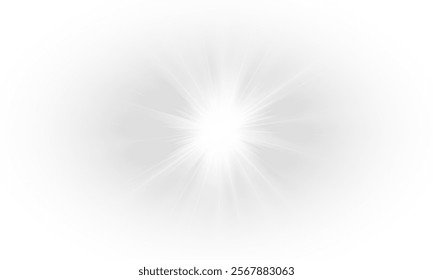 Yellow star flashed with sparkles sun isolated on white background. Soft glow without departing rays, sunlight with lens flare effect. PNG vector light effect.