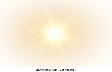 Yellow star flashed with sparkles sun isolated on white background. Soft glow without departing rays, sunlight with lens flare effect. PNG vector light effect.