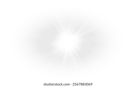 Yellow star flashed with sparkles sun isolated on white background. Soft glow without departing rays, sunlight with lens flare effect. PNG vector light effect.