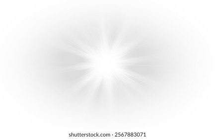 Yellow star flashed with sparkles sun isolated on white background. Soft glow without departing rays, sunlight with lens flare effect. PNG vector light effect.