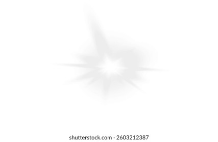 Yellow star flashed with sparkles sun isolated on white background. Soft glow without departing rays, sunlight with lens flare effect. PNG vector light effect.
