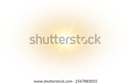 Yellow star flashed with sparkles sun isolated on white background. Soft glow without departing rays, sunlight with lens flare effect. PNG vector light effect.