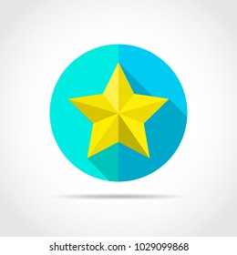 Yellow star in flat design with long shadow. Vector illustration. Simple star icon on blue round button.