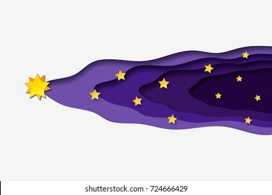 Yellow star flying through the open space. 3d abstract paper cut wave background. Vector template in carving art style.