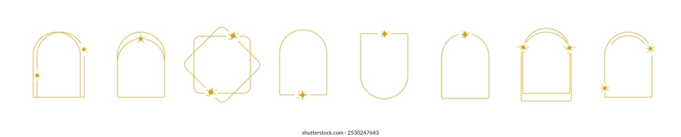 Esquema de colección de marco de estrella amarillo. Borde con Elementos espaciales. Marcos con Elementos solares dorados.