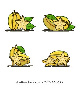 Yellow Star Fruit icon set with Whole and half slices of fresh star fruit icons - vector illustration