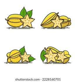 Yellow Star Fruit icon set with Whole and half slices of fresh star fruit icons - vector illustration